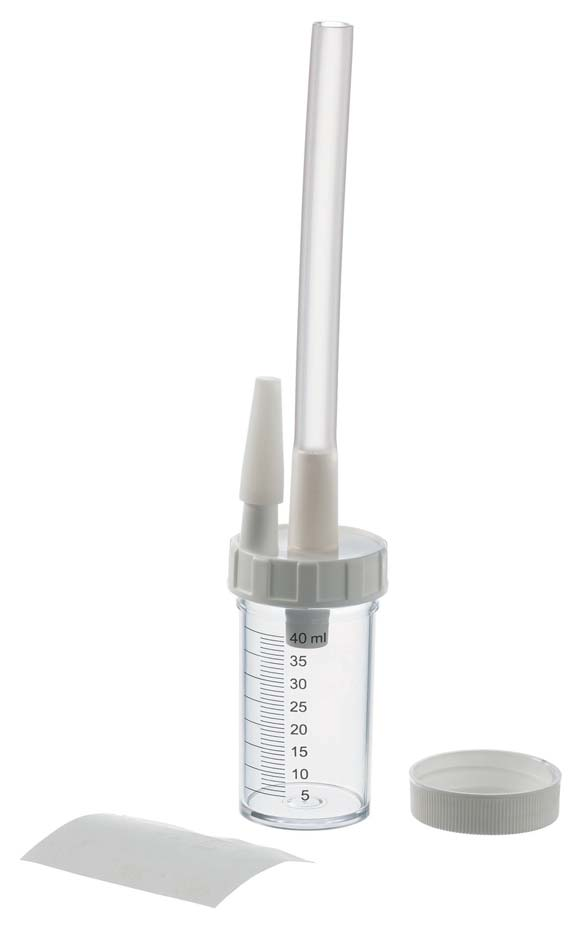 Colector de mucosa Bicakcilar ref. 187 4001 1: frasco transparente graduado a 40 ml, conector macho, manguera, tapa extra y etiqueta
