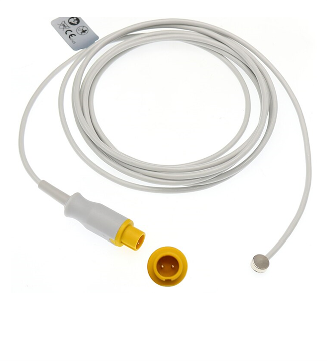 Sonda de temperatura cutánea Comen 040-000246-00: fotografía original completa del cable, disco de contacto y conector de dos pines.
