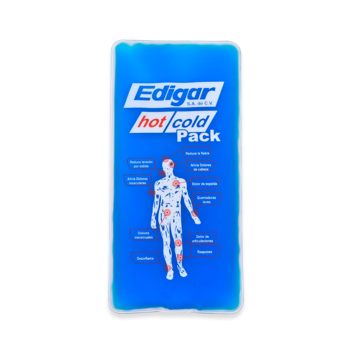 Compresa rectangular azul Edigar AA10405 hot/cold Pack, una pieza completa fuera de la bolsa de vinil.
