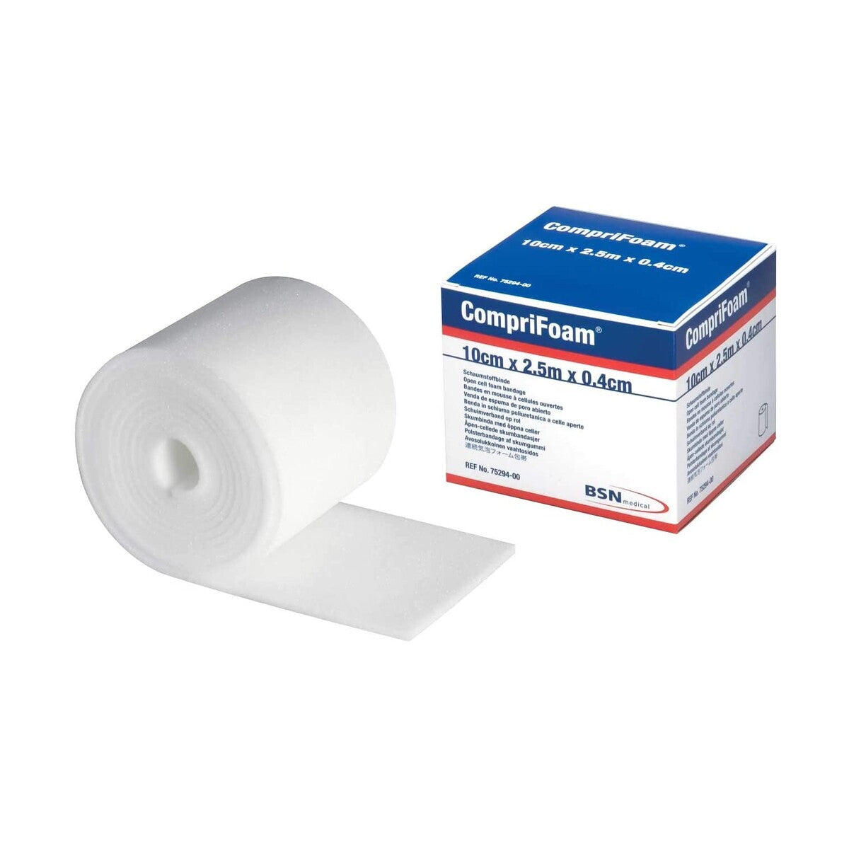 CompriFoam BSN 10 cm × 2.5 m × 0.4 cm, venda de espuma celular sobre fondo blanco