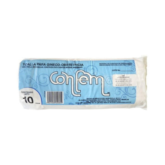 Confem toalla gineco-obstétrica desechable, paquete con 10 piezas sobre fondo blanco