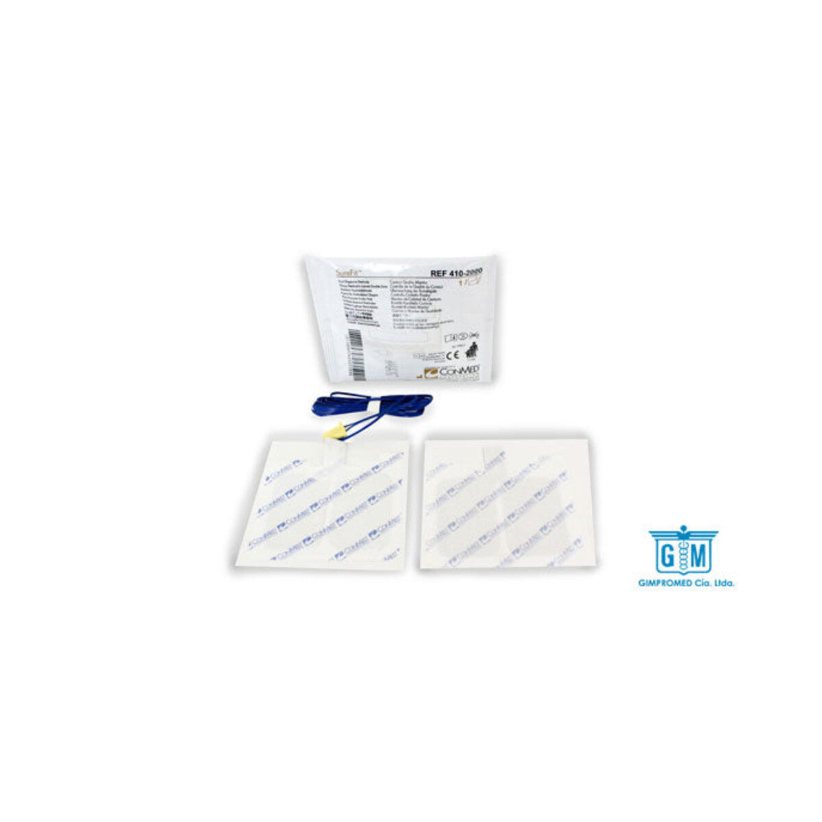 ConMed SureFit 410-2000 placa dispersiva dual con cable preconectado de 3.05 m sobre fondo blanco