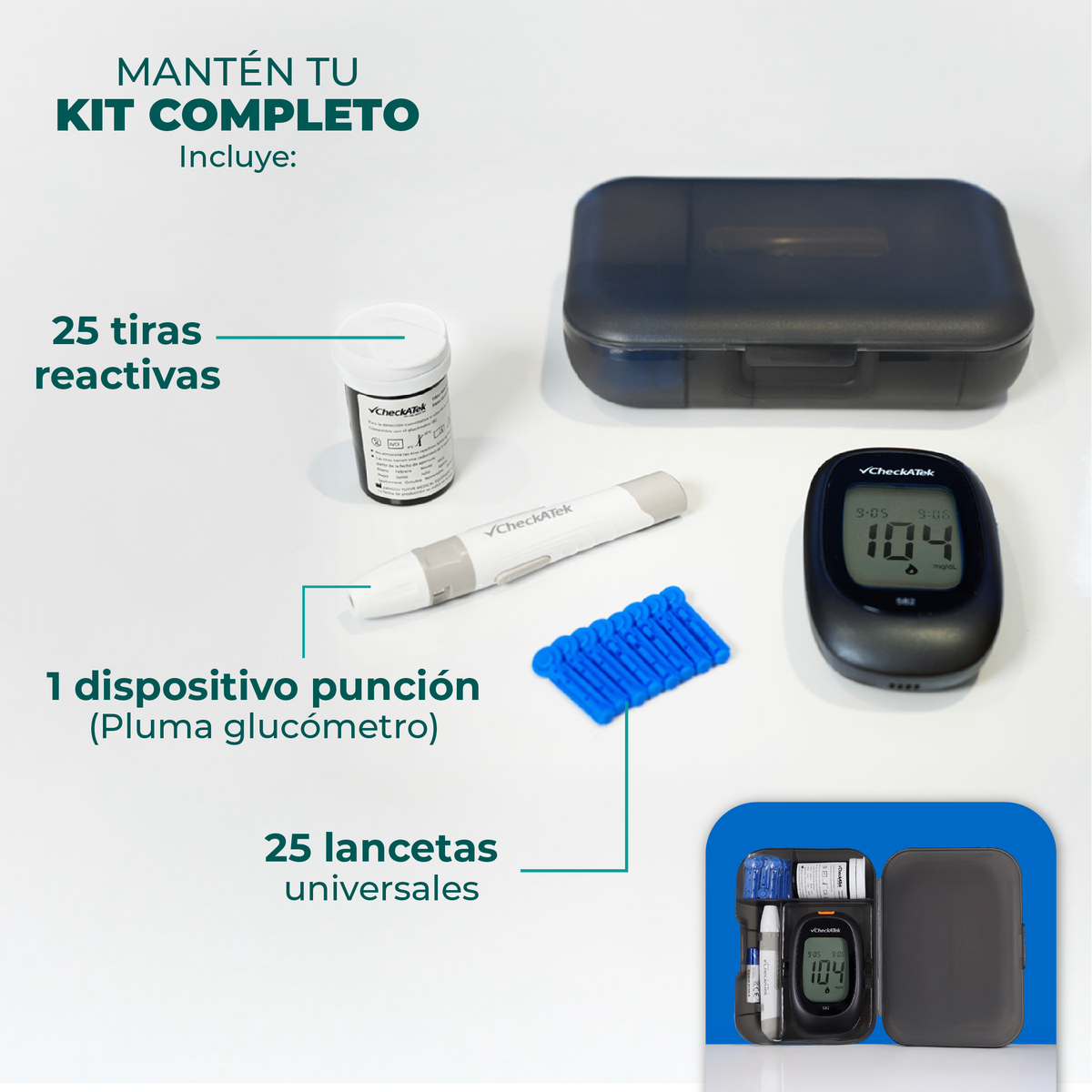 Contenido del kit Checkatek 582: estuche, 25 tiras, pluma de punción y 25 lancetas