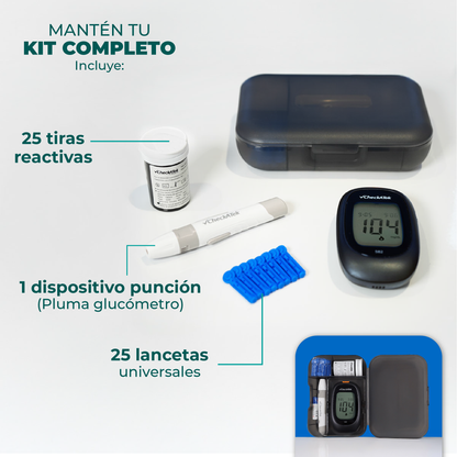Contenido del kit Checkatek 582: estuche, 25 tiras, pluma de punción y 25 lancetas