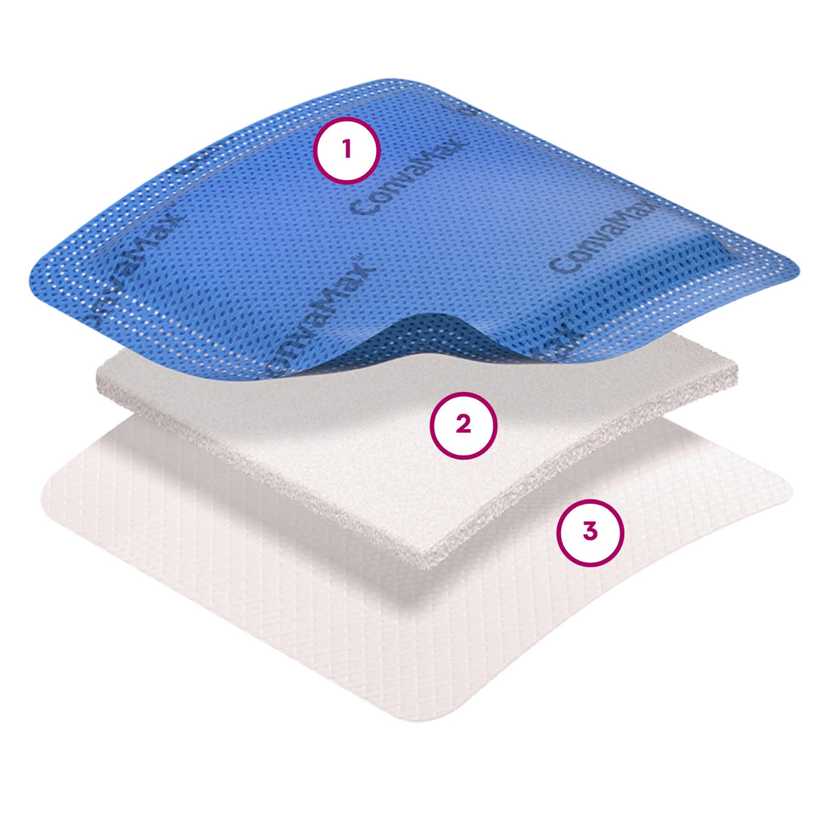Capas del apósito ConvaMax ConvaTec: respaldo azul, núcleo superabsorbente y capa de contacto