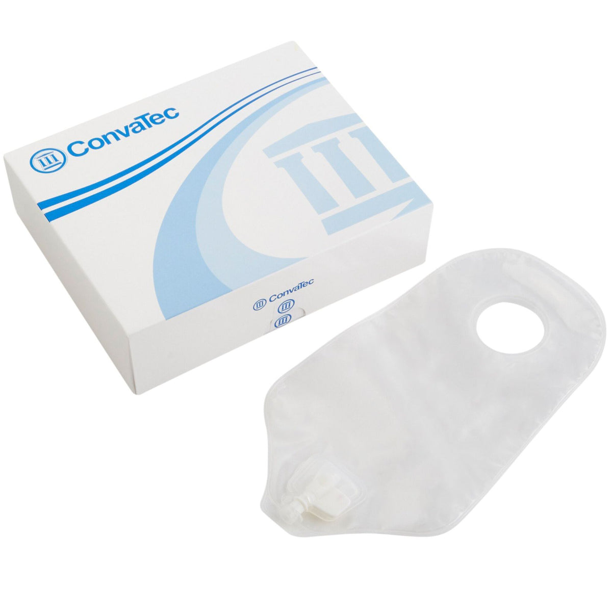 Bolsa de urostomía ConvaTec SUR-FIT Natura transparente 45 mm junto a su caja, REF 401544