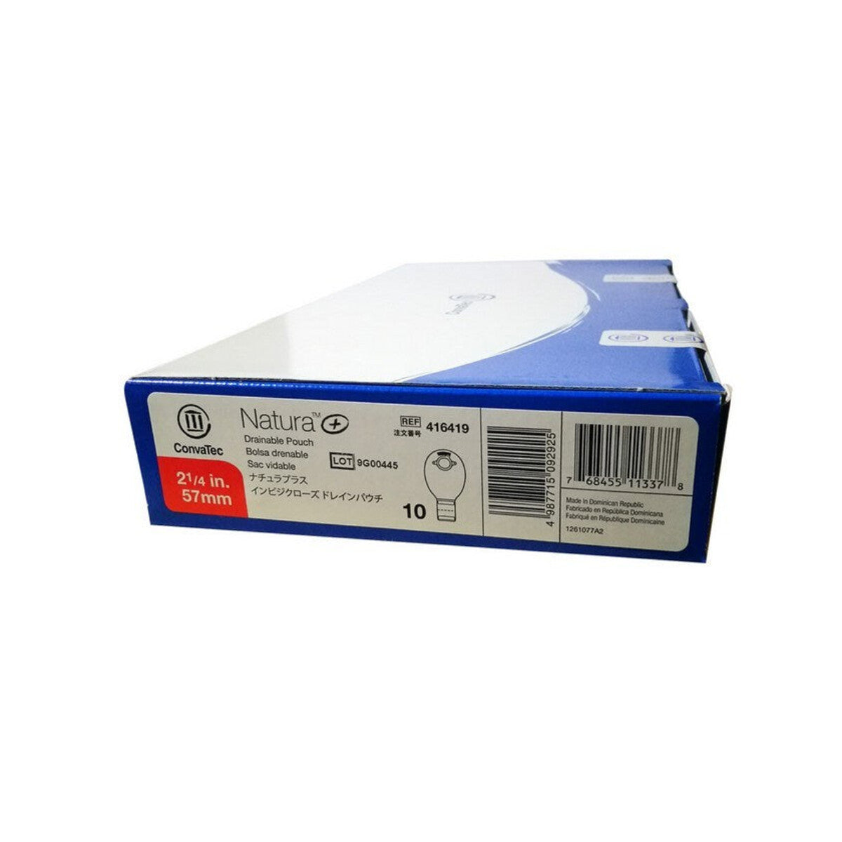 Caja ConvaTec Natura+ 416419, bolsa drenable transparente con filtro, aro 57 mm, sobre blanco