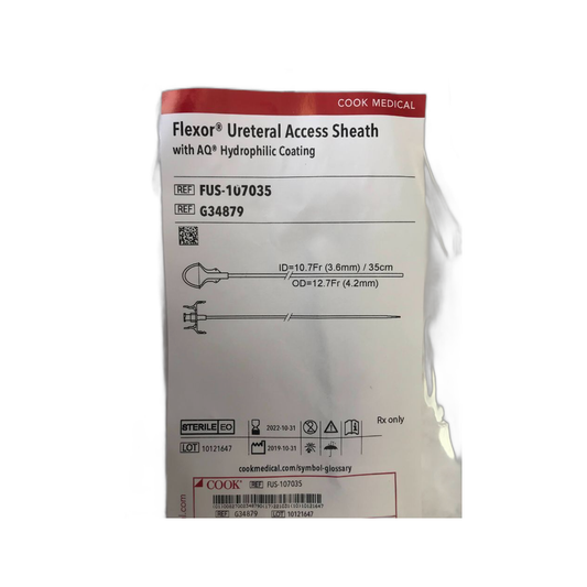 Cook Medical Flexor, vainas ureterales de 10.7 Fr de 35 y 45 cm, sobre fondo blanco