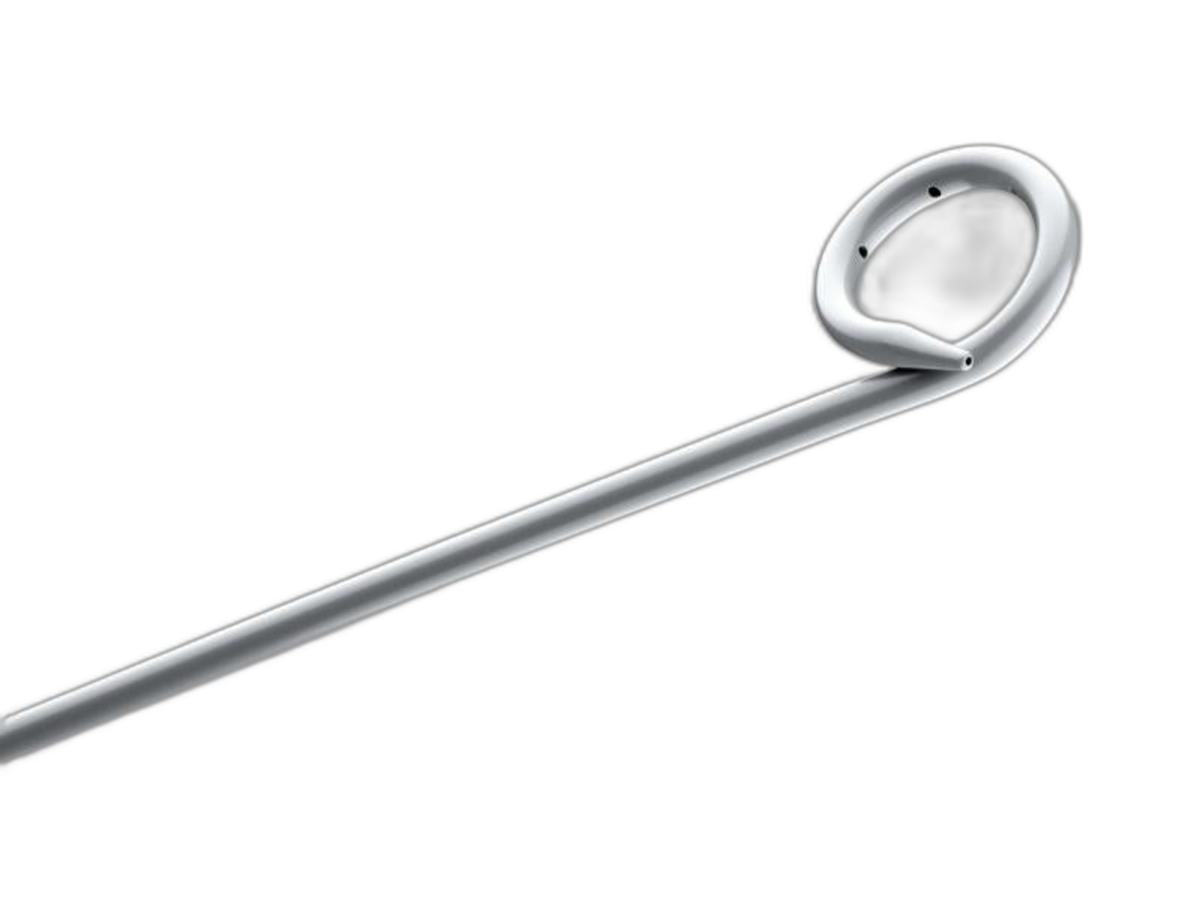 Catéter de drenaje de lazo Cook Medical Universa Loop, punta pigtail con orificios laterales, sobre fondo blanco