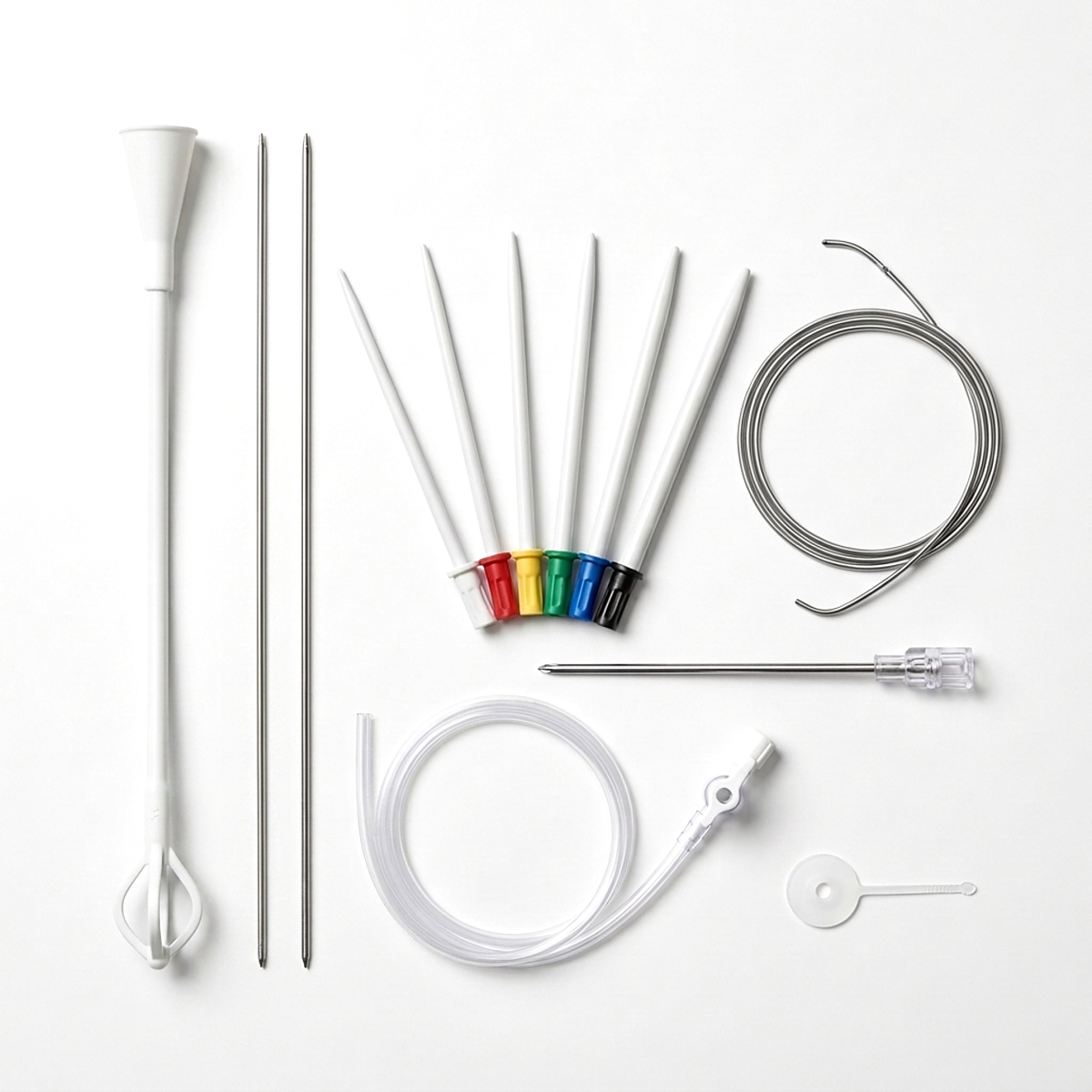 Cook Universa Malecot, set de nefrostomía percutánea 12 y 14 Fr: catéter, dilatadores, guía, aguja EchoTip y disco, sobre fondo blanco