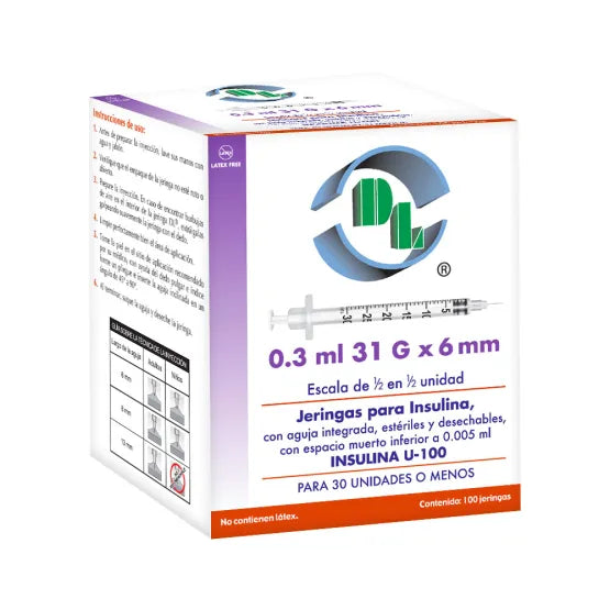 Caja DL de 100 jeringas para insulina U-100 de 0.3 ml, aguja integrada 31 G × 6 mm