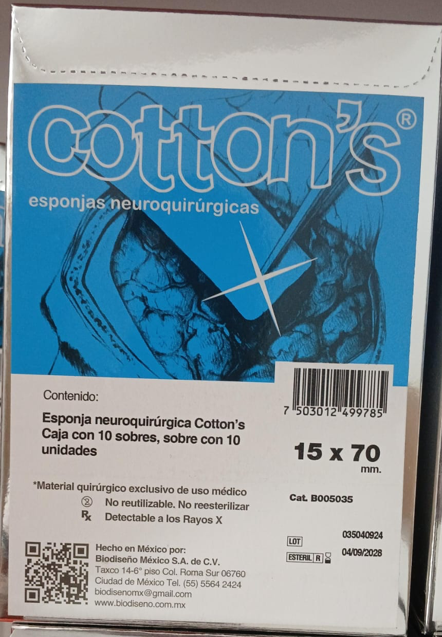 Caja Cotton's B005035 de esponjas neuroquirúrgicas 15 × 70 mm, 10 sobres con 10 unidades