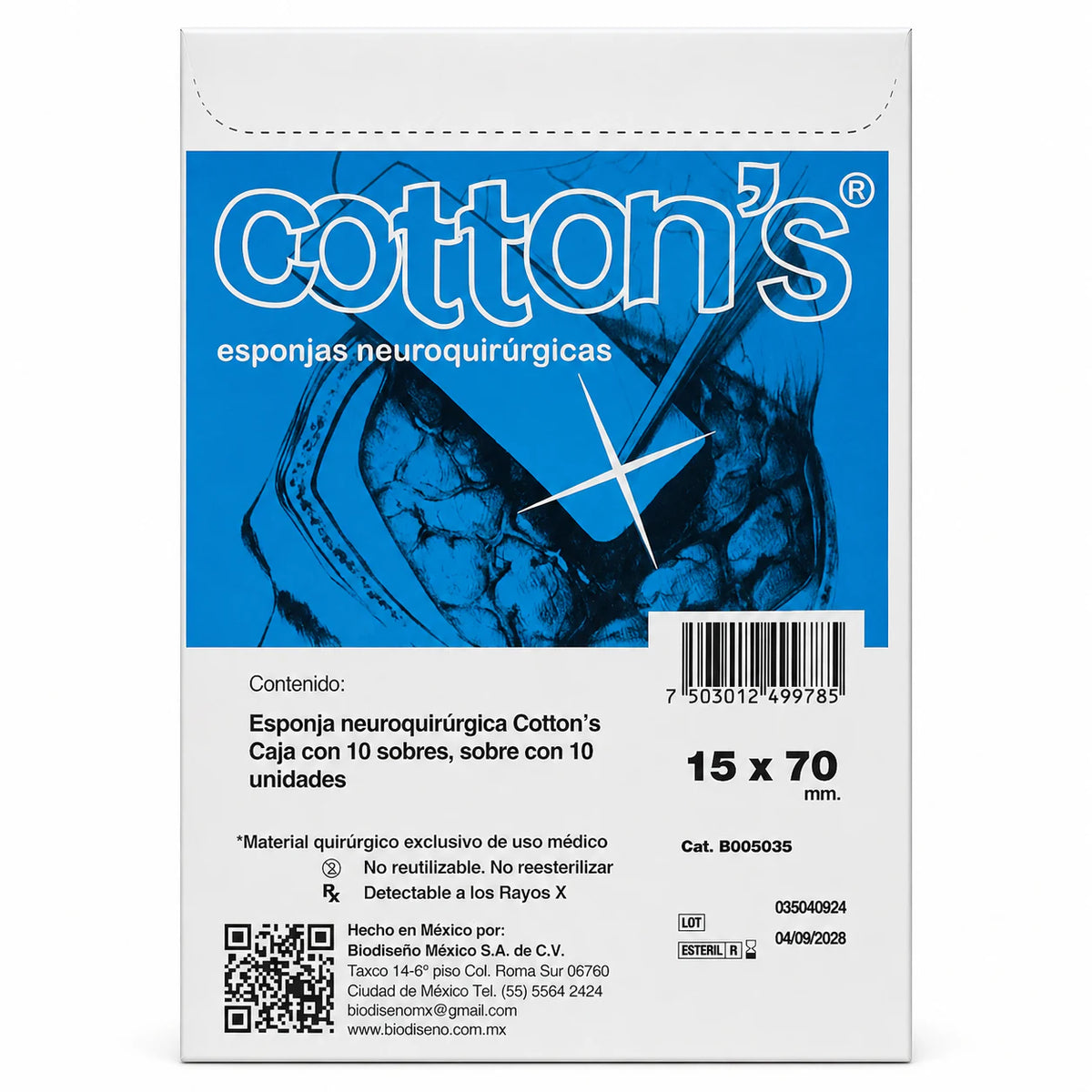 Caja Cotton's B005035 de esponjas neuroquirúrgicas 15 × 70 mm, 10 sobres con 10 unidades