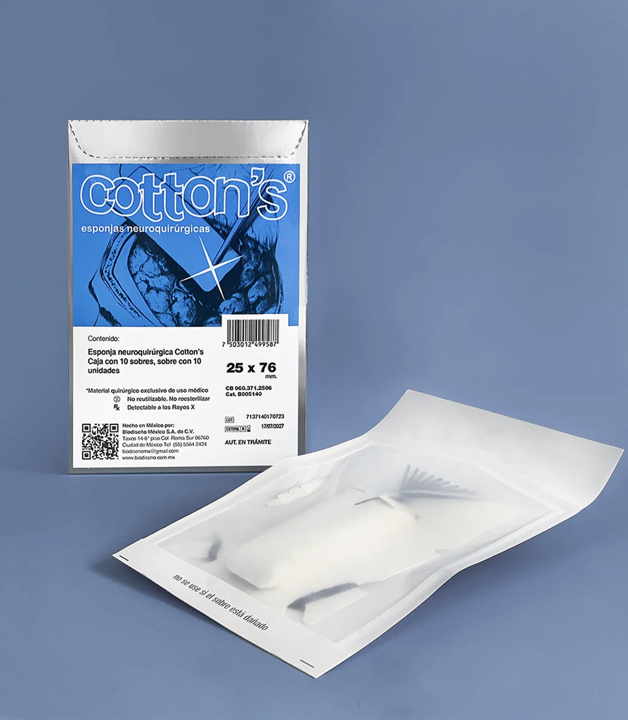 Caja Cotton's B005140 de esponjas neuroquirúrgicas 25 × 76 mm, 10 sobres con 10 unidades