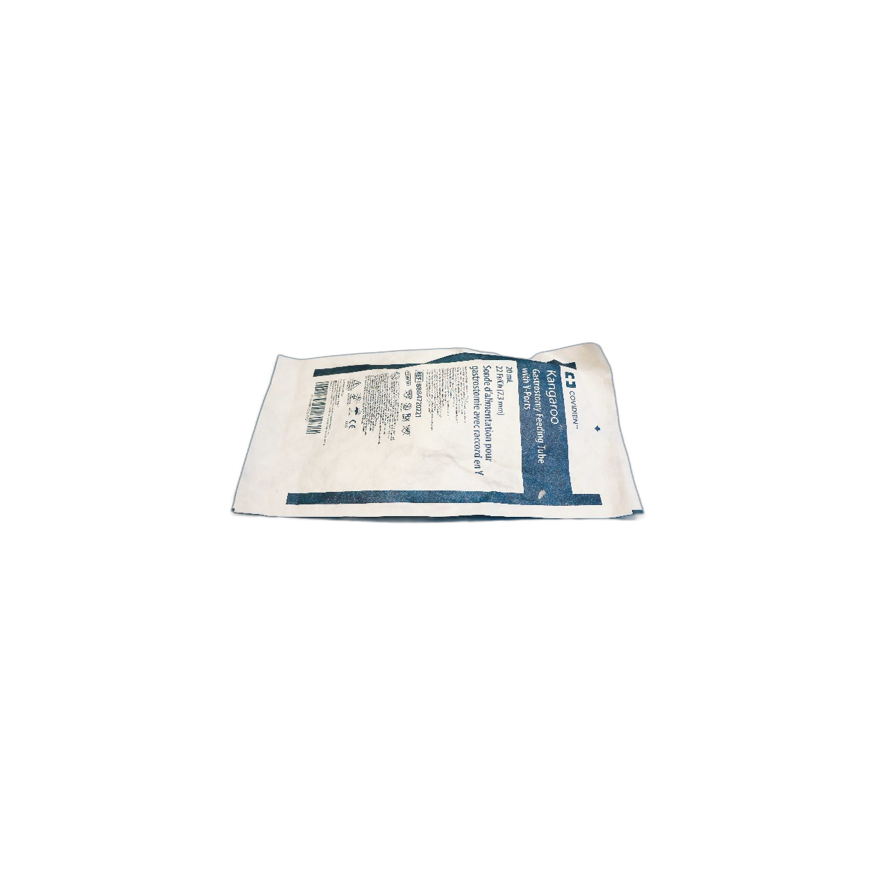 Empaque de la sonda de gastrostomía Covidien Kangaroo de 22 Fr con balón de 20 ml y puerto en Y, sobre fondo blanco