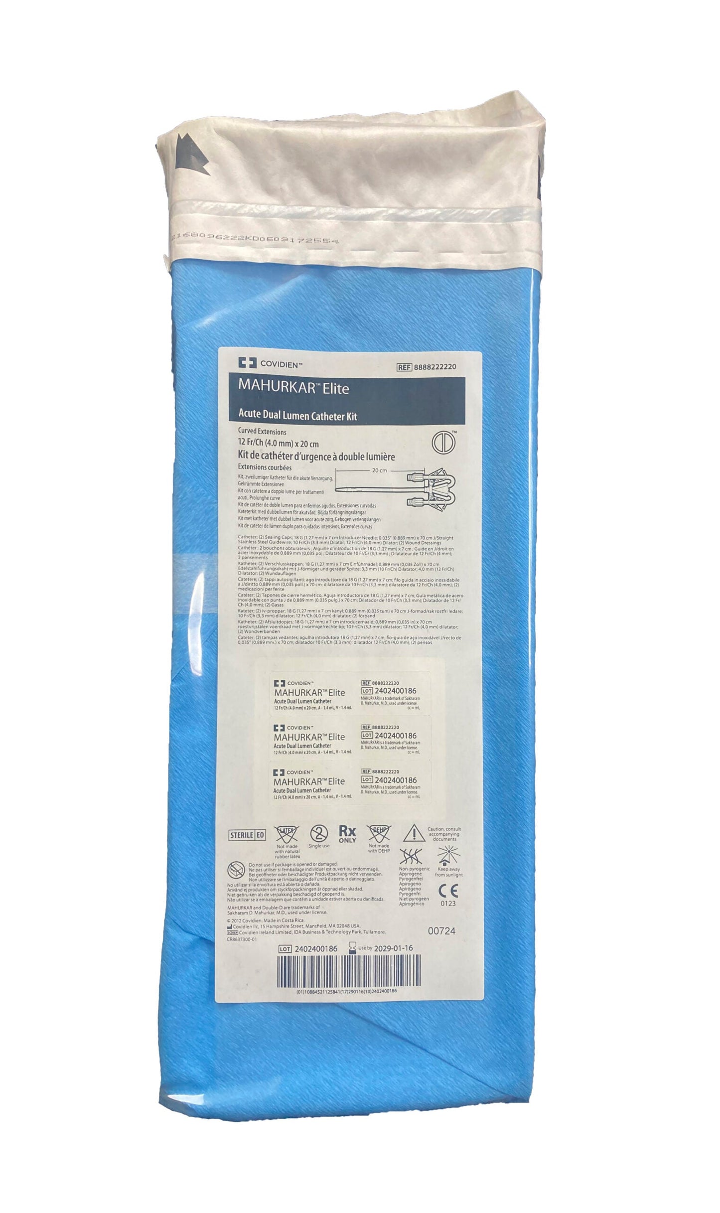Kit de catéter COVIDIEN Mahurkar Elite de doble lumen, 12 Fr × 20 cm, con extensiones curvas
