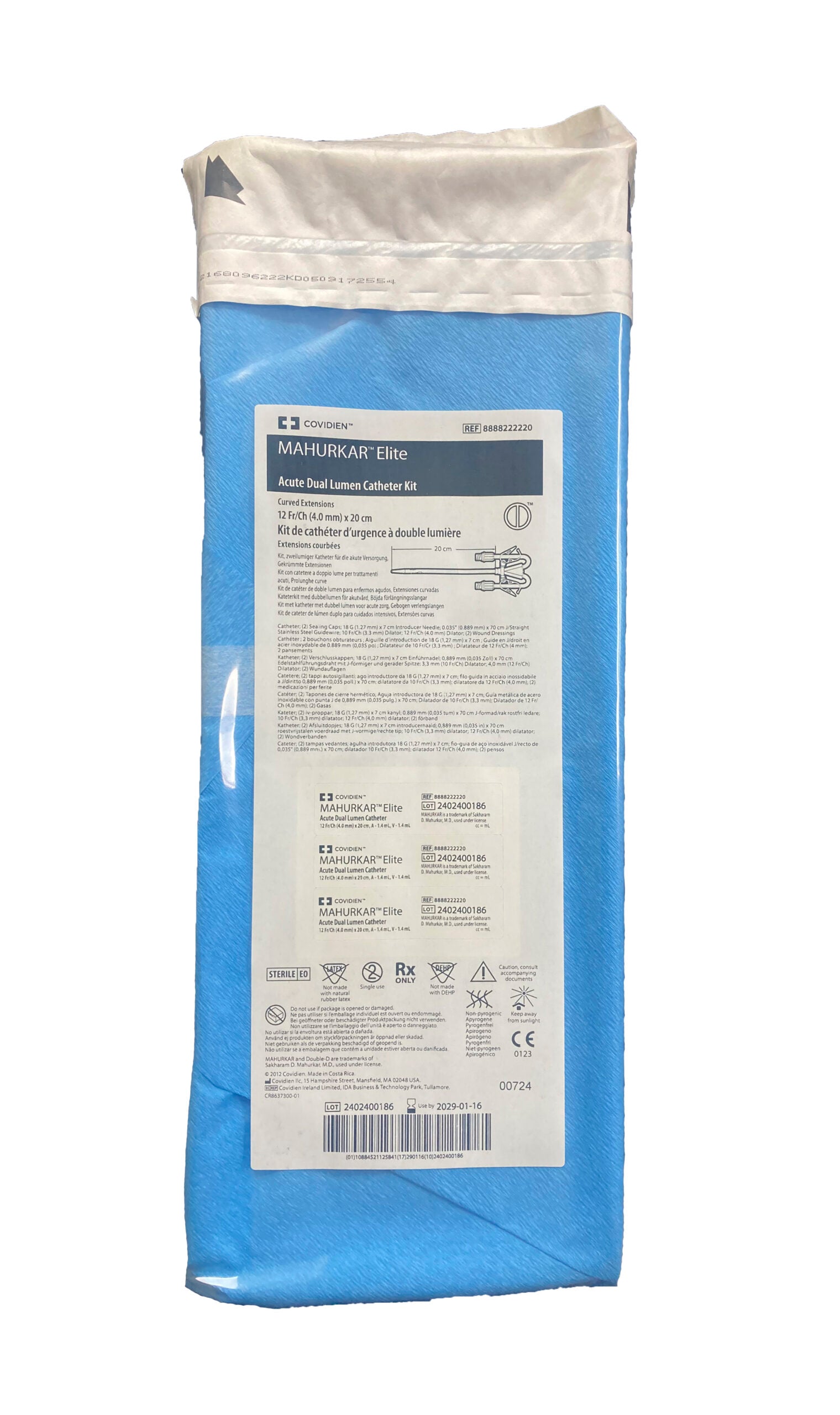 Kit de catéter COVIDIEN Mahurkar Elite 12 Fr × 20 cm con extensiones curvas