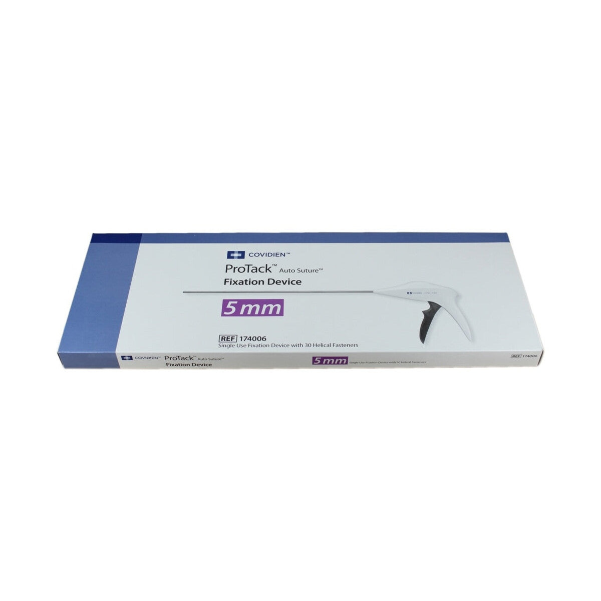 Caja Covidien ProTack Auto Suture 5 mm, REF 174006, 30 fijadores helicoidales, sobre blanco