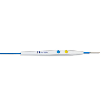 Lápiz electroquirúrgico Covidien Valleylab E2516 con botón amarillo de corte, botón azul de coagulación y electrodo de hoja, sobre blanco
