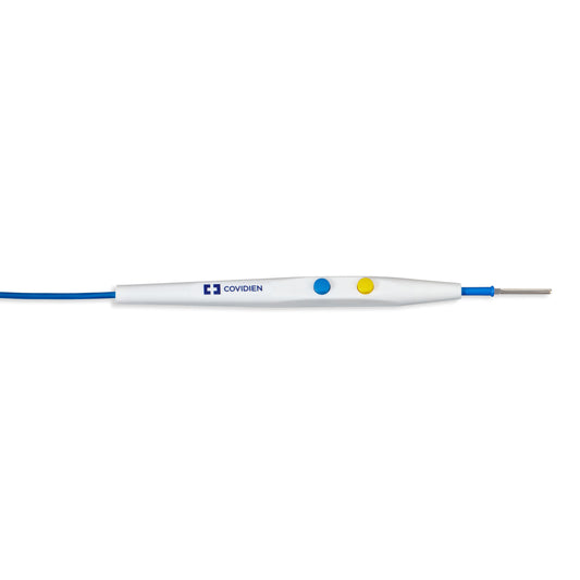 Lápiz electroquirúrgico Covidien Valleylab E2516 con botón amarillo de corte, botón azul de coagulación y electrodo de hoja, sobre blanco