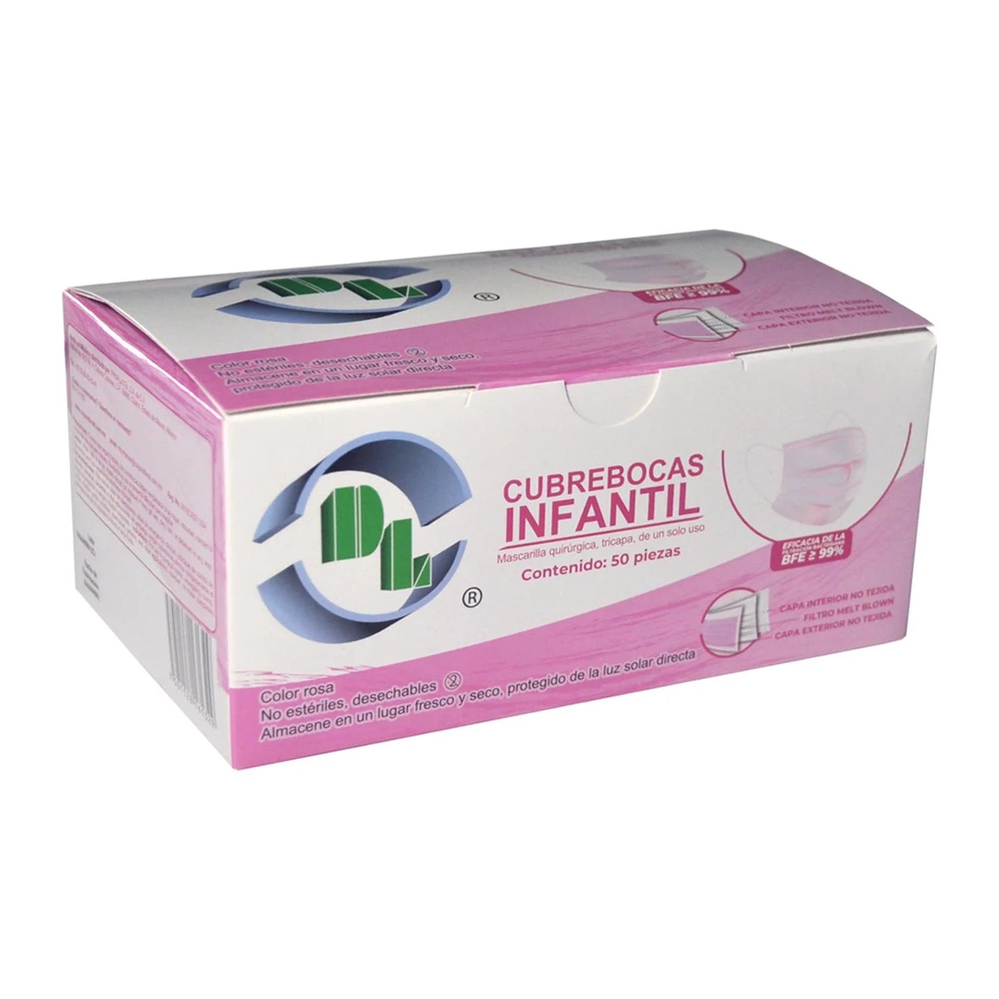 Cubrebocas tricapa infantil DENTILAB rosa caja con 50 piezas