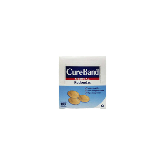 CureBand Medical venditas adhesivas redondas, impermeables e hipoalergénicas, caja con 100 piezas sobre fondo blanco
