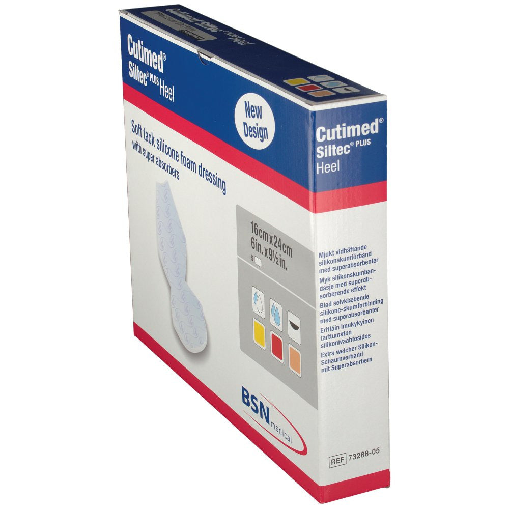Caja Cutimed Siltec PLUS Heel, canto con REF 73288-05, 16 × 24 cm, sobre fondo blanco