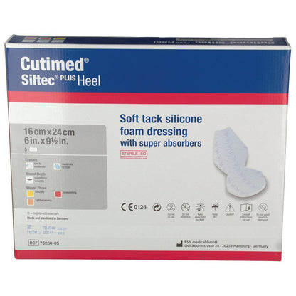 Reverso de caja Cutimed Siltec PLUS Heel 16 × 24 cm REF 73288-05, sobre fondo blanco