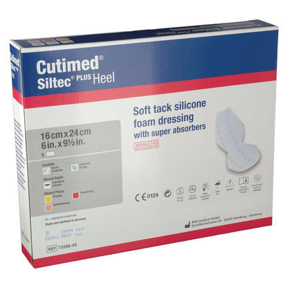 Reverso de caja Cutimed Siltec PLUS Heel 16 × 24 cm, 5 apósitos, sobre fondo blanco