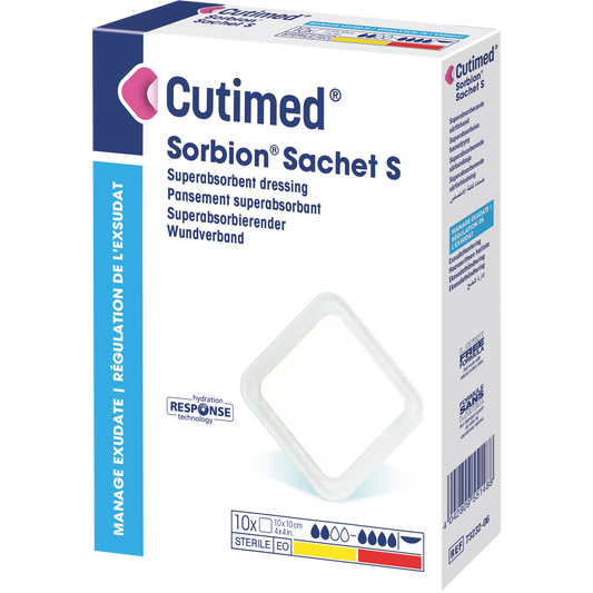 Caja de Cutimed Sorbion Sachet S, apósito superabsorbente estéril de 10 x 10 cm con 10 piezas