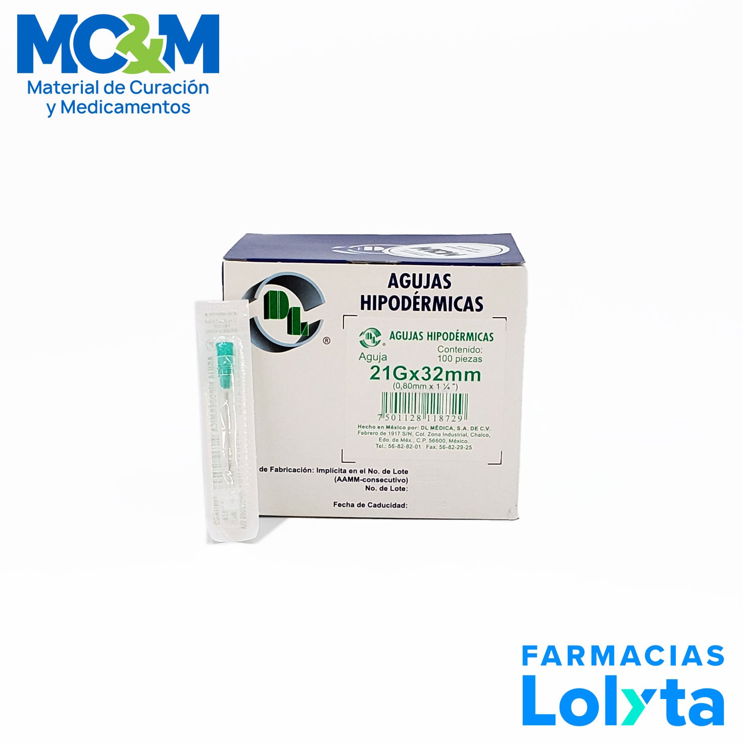 Dentilab aguja hipodérmica 21G x 32 mm verde, caja con 100 piezas