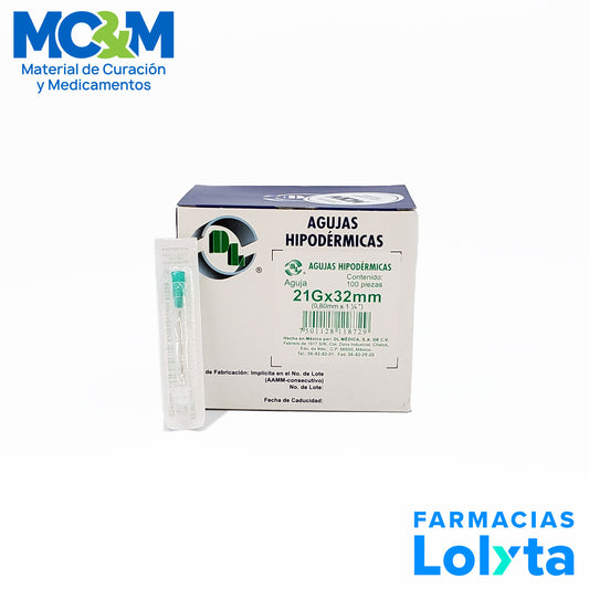 Dentilab aguja hipodérmica 21G x 32 mm verde, caja con 100 piezas