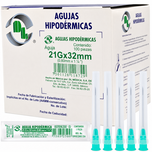 Imagen optimizada: agujas hipodérmicas Dentilab 21G x 32 mm, caja con 100 piezas, sobre fondo blanco