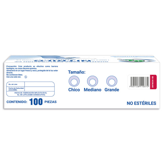 Dentilab: guantes de nitrilo azul talla chico, caja con 100 piezas, reverso, EAN 7501128110372