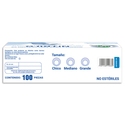 Dentilab: guantes de nitrilo azul talla mediano, caja con 100 piezas, reverso, EAN 7501128110389