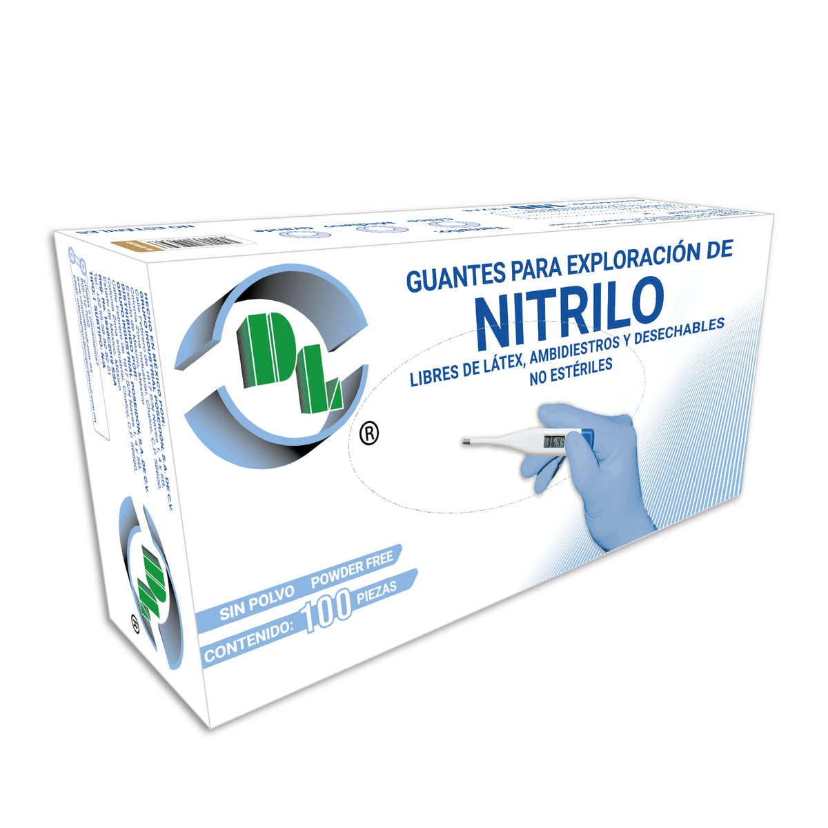 Dentilab: guantes de nitrilo azul talla grande, caja con 100 piezas, frente, EAN 7501128110396
