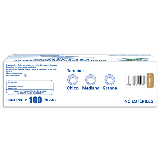 Dentilab: guantes de nitrilo azul talla grande, caja con 100 piezas, reverso, EAN 7501128110396