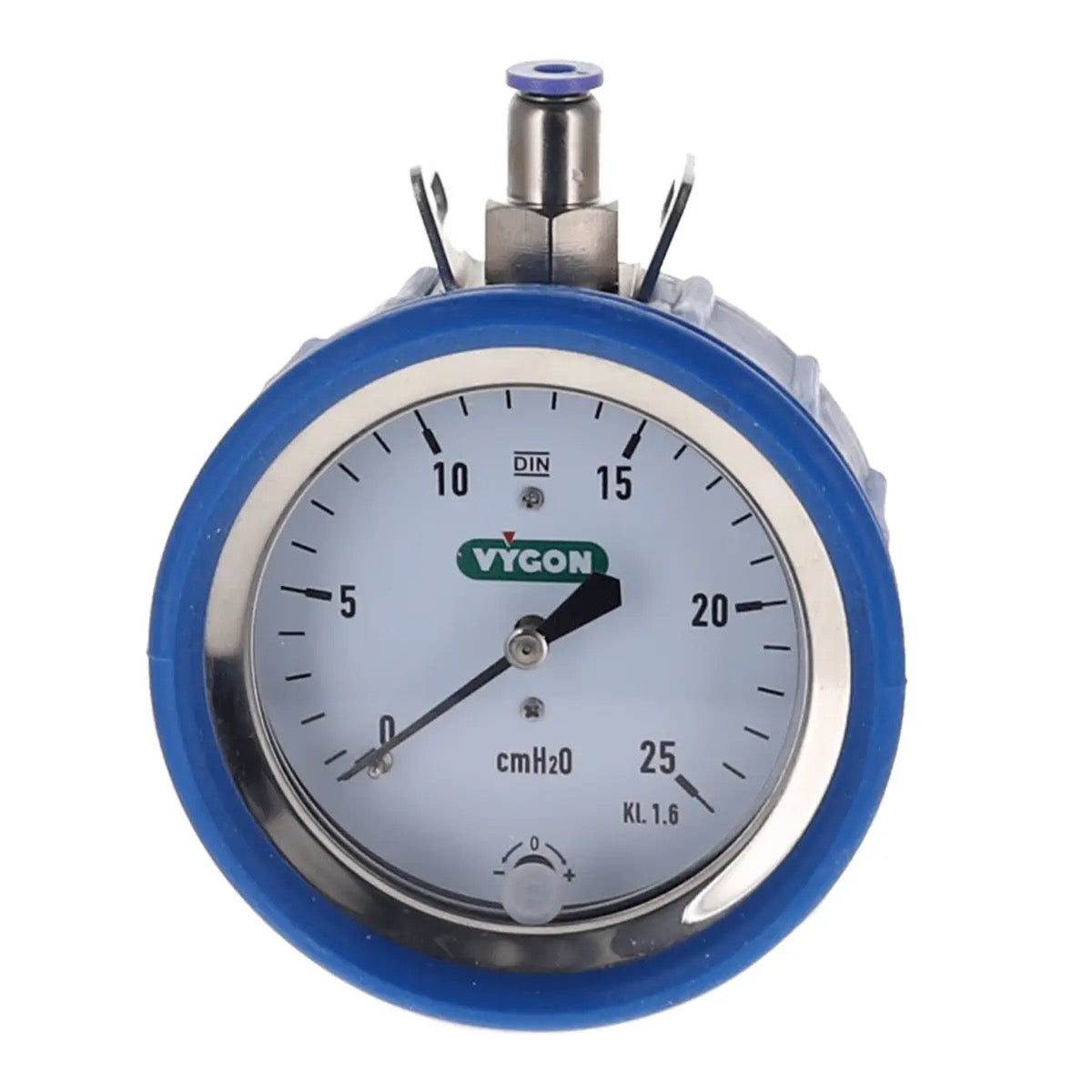 Esfera del manómetro Vygon 527.01: 0–25 cm H2O, marca Vygon y funda de poliuretano azul, packshot oficial