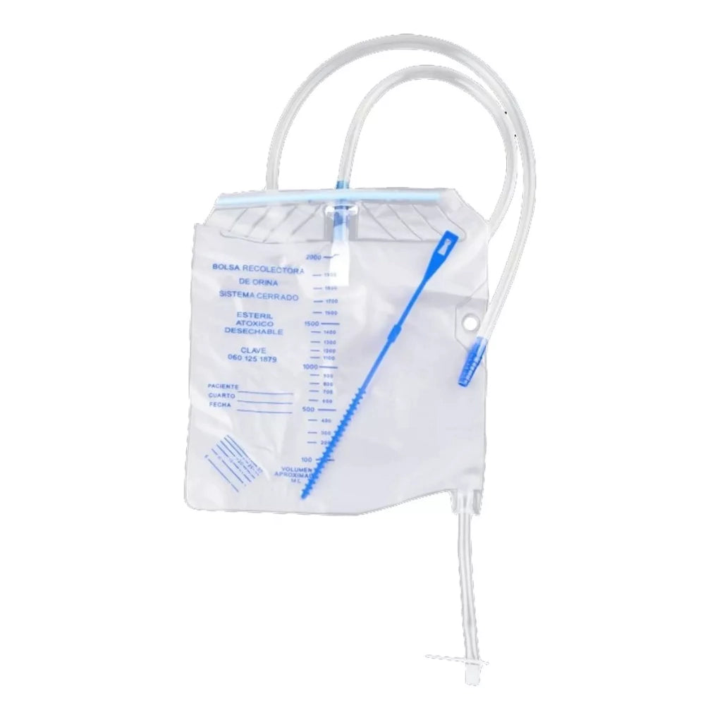 Bolsa recolectora de orina DIPMAC DM-610 de 2 litros, sistema cerrado y graduaciones visibles