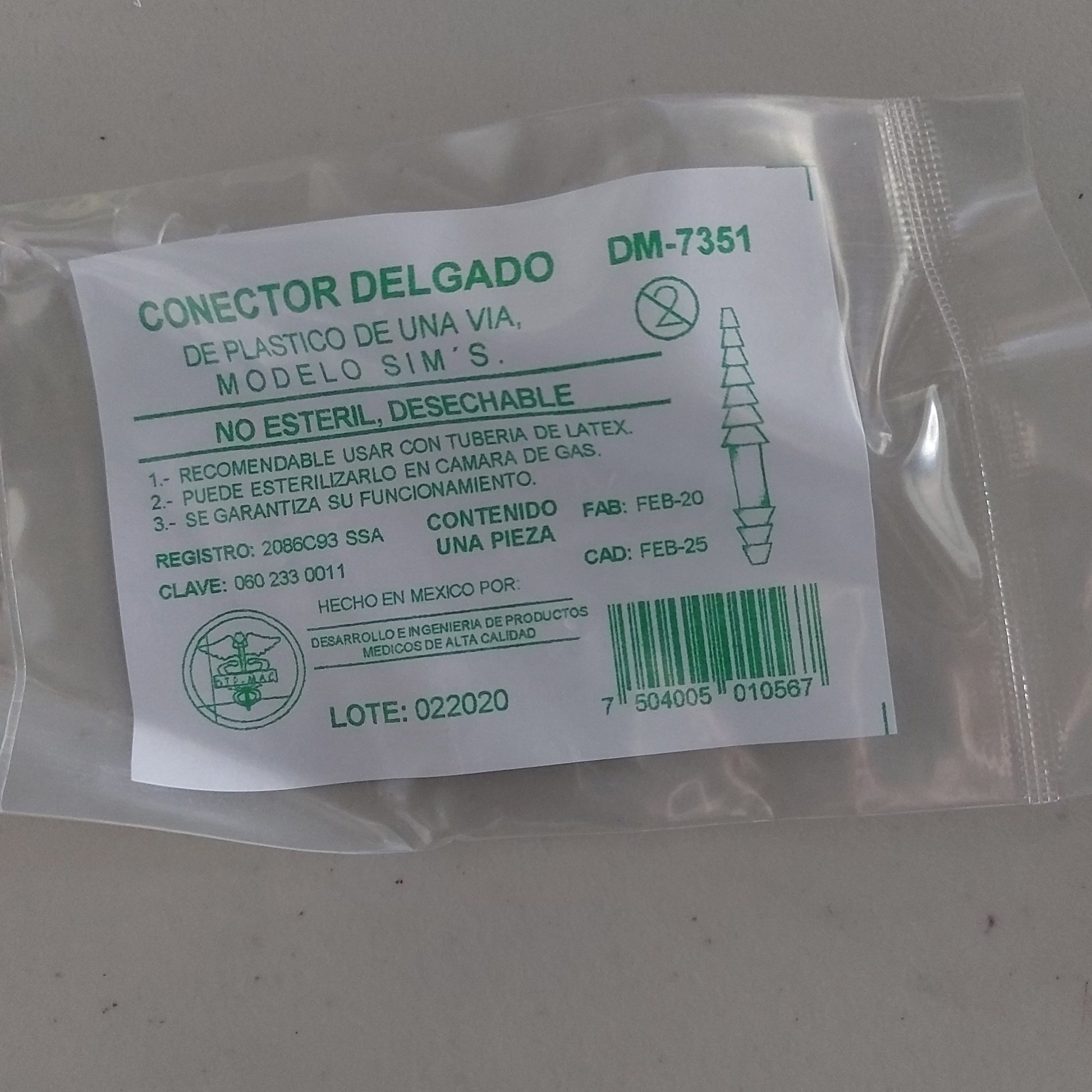 DIPMAC DM-7351 conector delgado de plástico de una vía, modelo Sims, no estéril y desechable