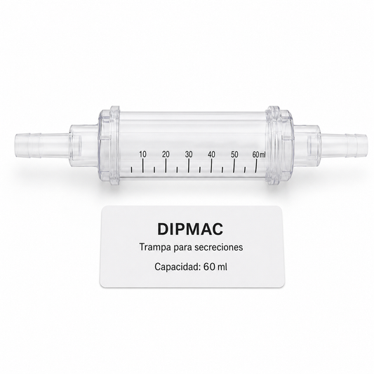 Imagen optimizada: Trampa DipMac para secreciones de 60 ml, recipiente transparente con conexiones para circuito, sobre fondo blanco