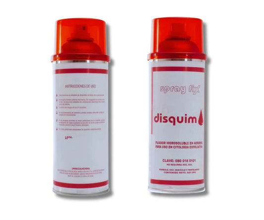 Bote Disquim Spray Fix clave 080 018 0101, fijador hidrosoluble en aerosol de 250 g, frente y reverso sobre fondo blanco