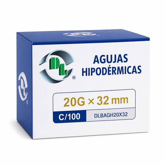 Imagen ilustrativa optimizada: caja de agujas hipodérmicas DL 20G × 32 mm, 100 piezas, sobre fondo blanco