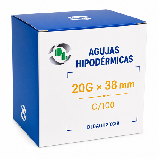 Imagen ilustrativa optimizada: caja de agujas hipodérmicas DL 20G × 38 mm, 100 piezas, sobre fondo blanco