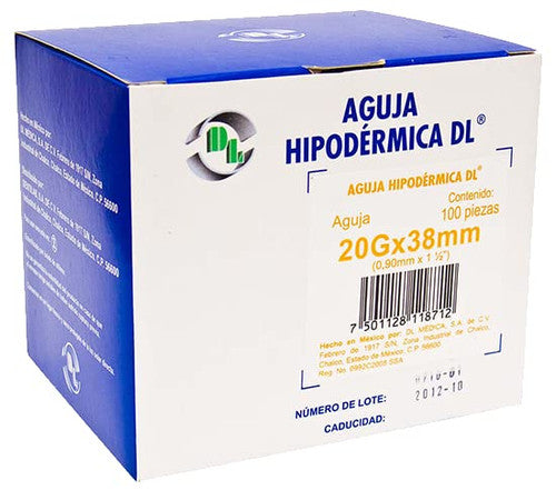 DL aguja hipodérmica 20G x 38 mm, caja con 100 piezas