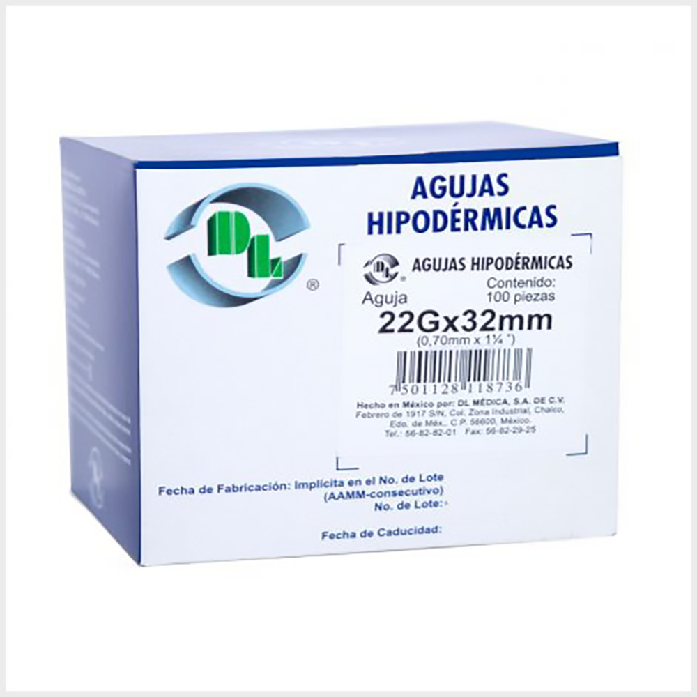 DL aguja hipodérmica 22G x 32 mm negra, caja con 100 piezas
