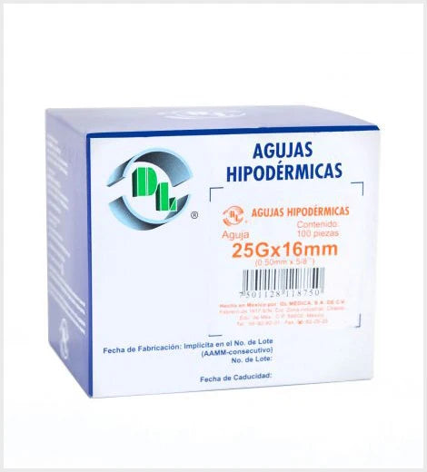 DL aguja hipodérmica 25G x 16 mm naranja, caja con 100 piezas