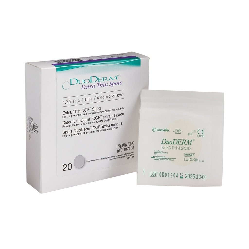 DuoDERM Extra Thin Spot Oval 4.4 cm x 3.8 cm, referencia 187932, sobre fondo blanco