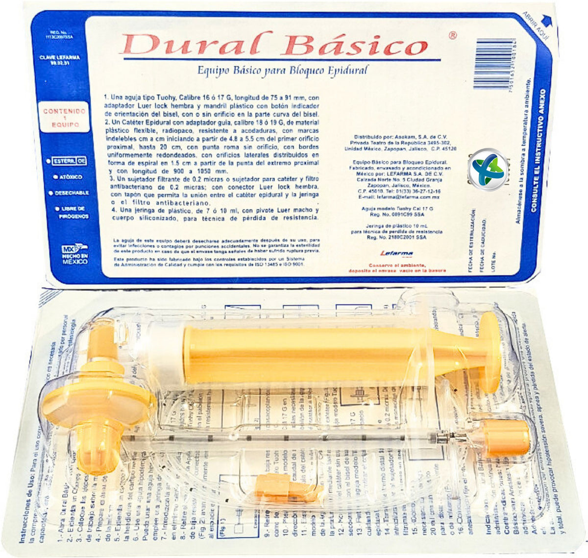 Empaque Dural Básico, equipo para bloqueo epidural, blister e inserto Lefarma, 1 equipo sobre fondo blanco