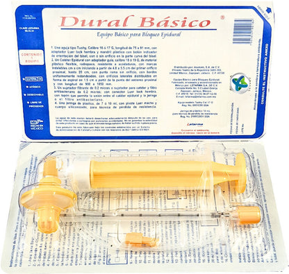 Empaque Dural Básico, equipo para bloqueo epidural, blister e inserto Lefarma, 1 equipo sobre fondo blanco